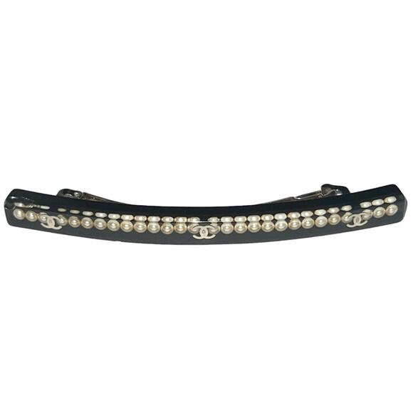 AUTH VTG Chanel Black Resin Pearl & Gold CC Logo Inclusion Hair Clip Barrette main image 16